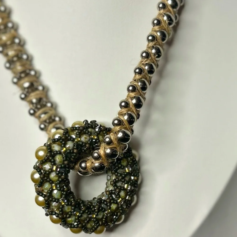 Artisan Bohemian Vintage Beaded‎ Donut Pendant Jute Braided Statement Necklace